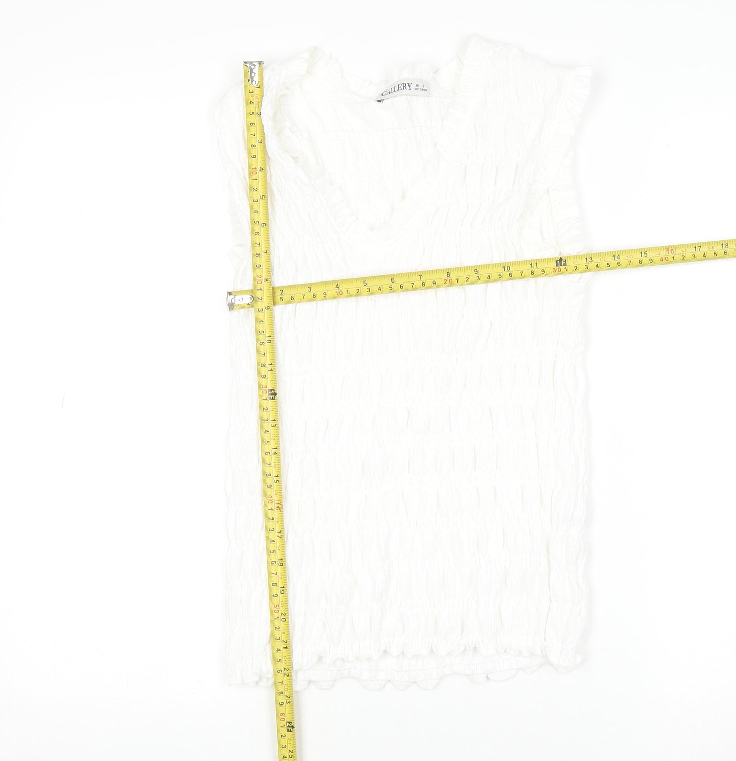 Gallery Womens White Ruffle V-Neck Sleeveless Blouse Size S