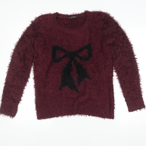 Dunnes Womens Red Bow Fuzzy Crew Neck Long Sleeve Jumper Size S