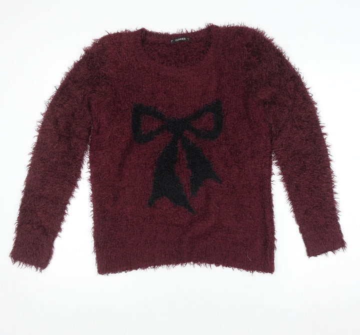 Dunnes Womens Red Bow Fuzzy Crew Neck Long Sleeve Jumper Size S