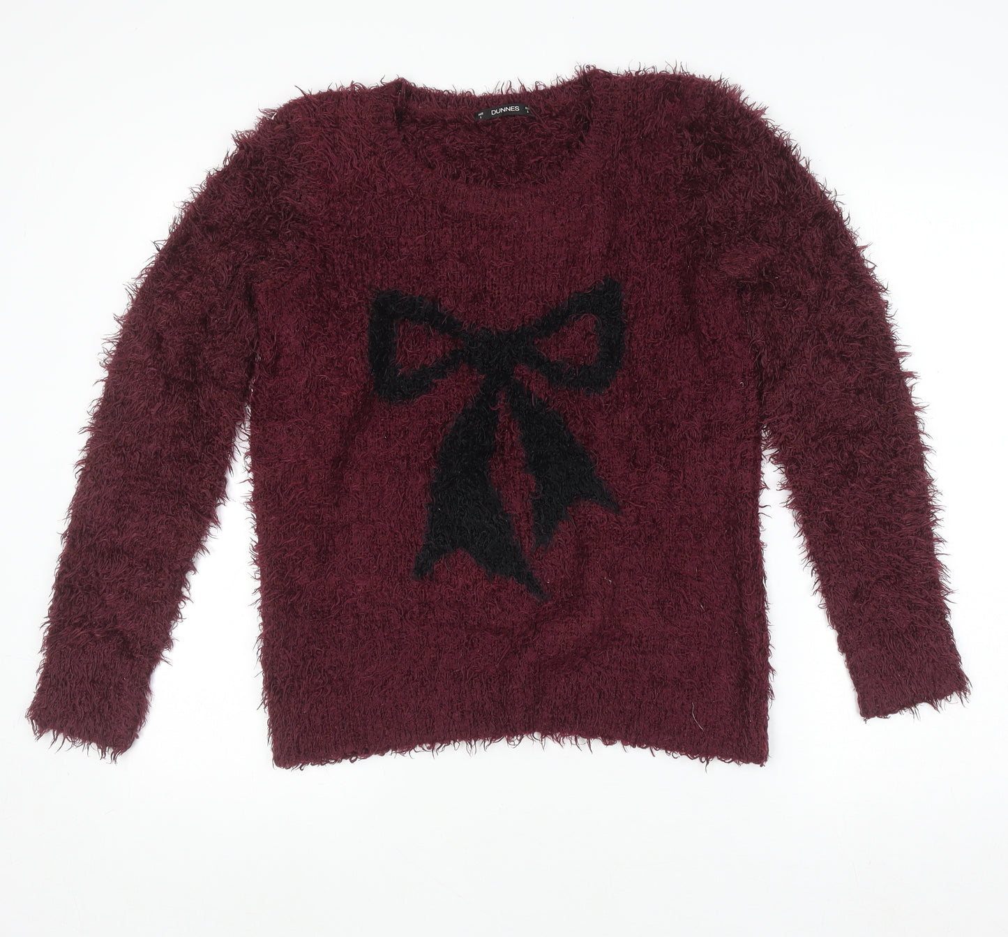 Dunnes Womens Red Bow Fuzzy Crew Neck Long Sleeve Jumper Size S