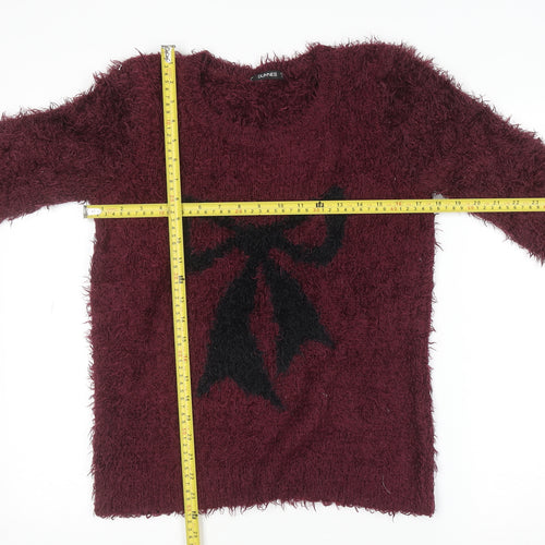 Dunnes Womens Red Bow Fuzzy Crew Neck Long Sleeve Jumper Size S