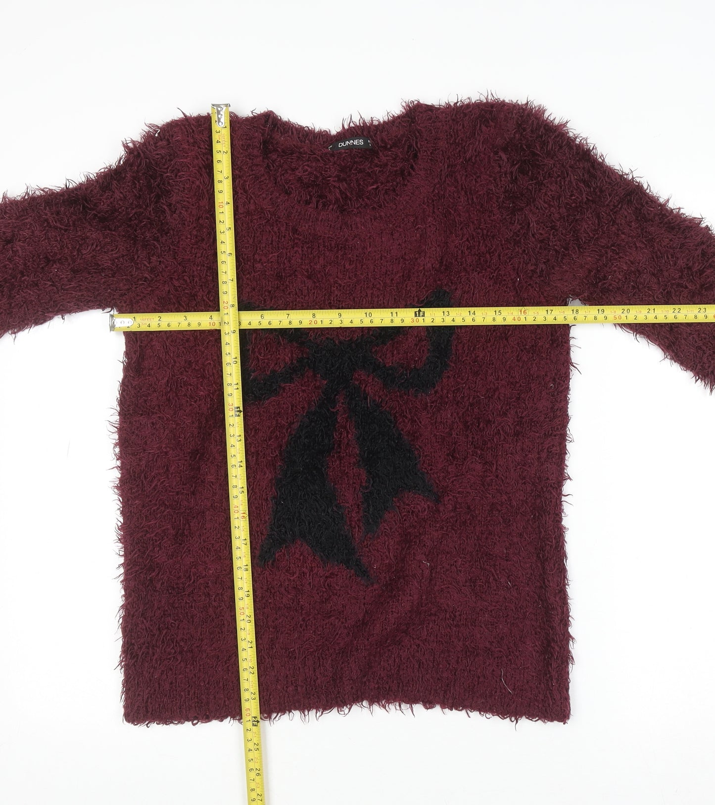 Dunnes Womens Red Bow Fuzzy Crew Neck Long Sleeve Jumper Size S