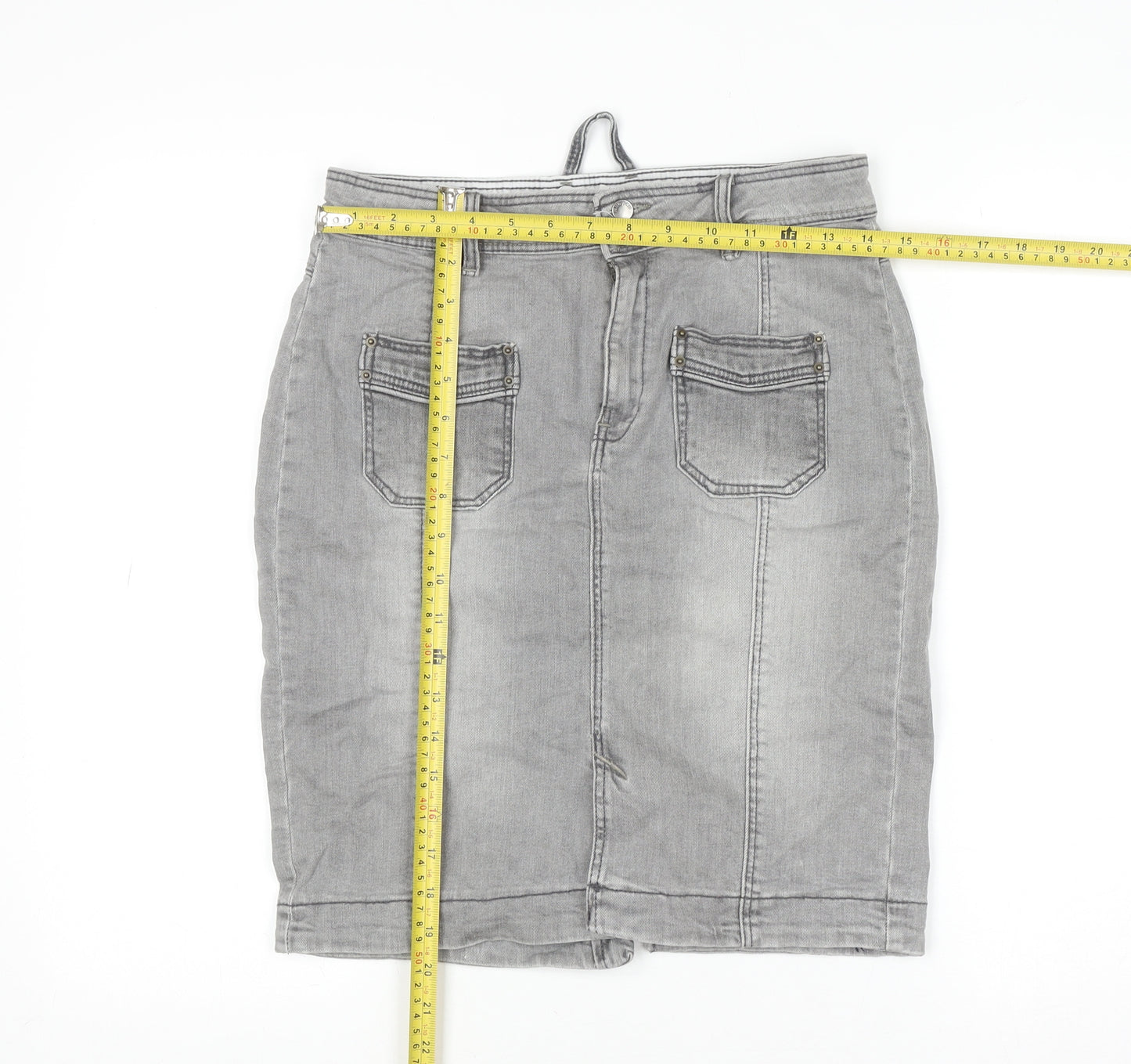 Mango Jeans Women Grey Denim Straight Skirt Size 8 Cotton Blend