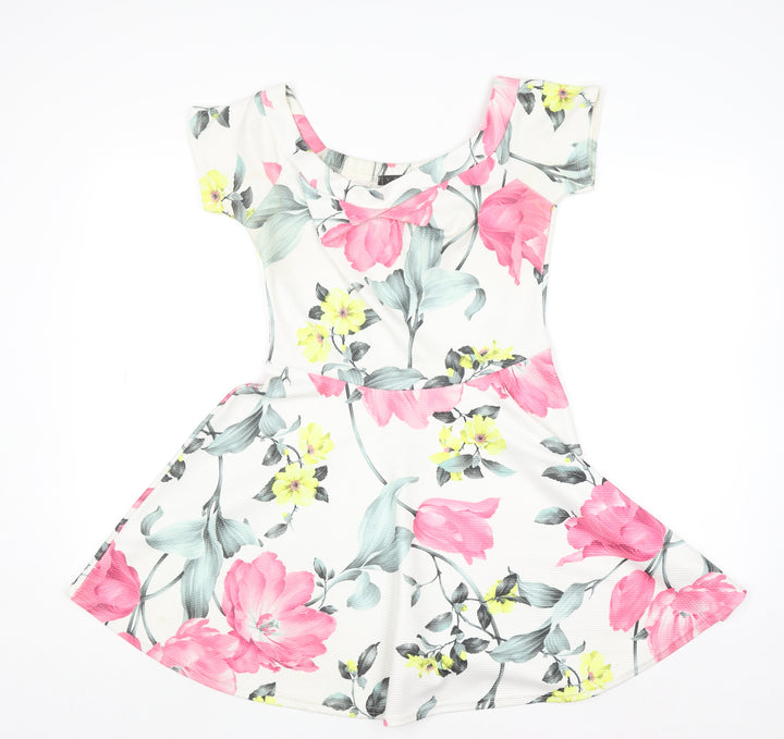 Quiz Womens Multicoloured Floral Skater Dress Size 12 Short Sleeve