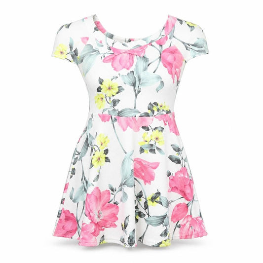 Front view of Quiz women’s multicoloured floral skater dress, size UK 12, short sleeve