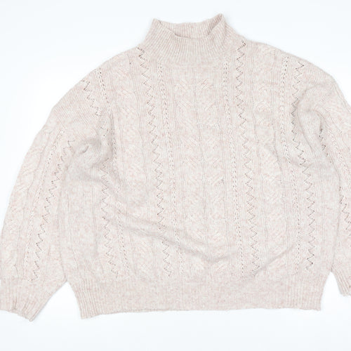 F&F Women Beige Roll Neck Cable-Knit Jumper UK 10 Regular Fit