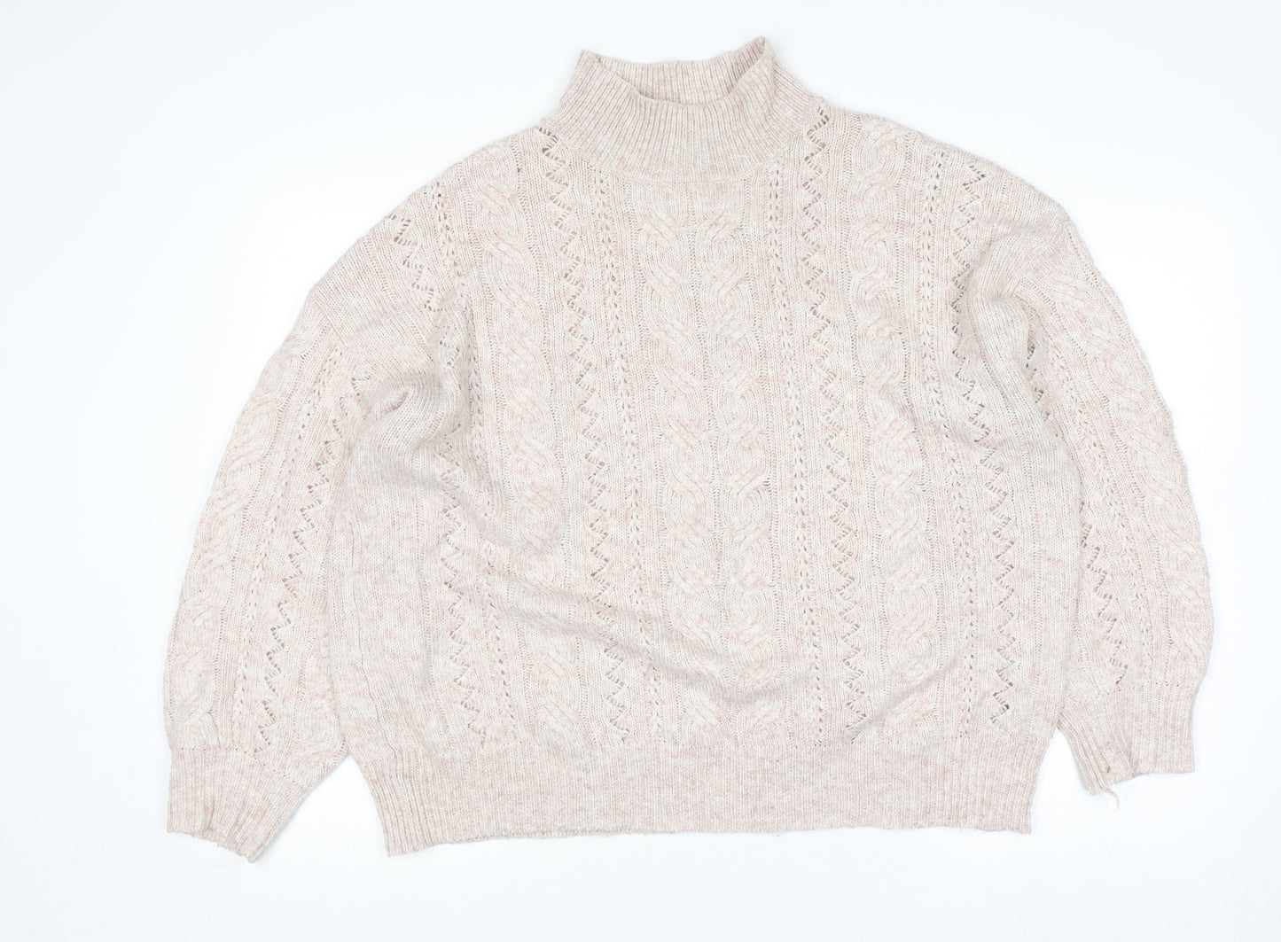 F&F Women Beige Roll Neck Cable-Knit Jumper UK 10 Regular Fit