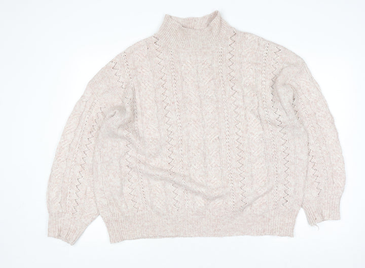 F&F Women Beige Roll Neck Cable-Knit Jumper UK 10 Regular Fit