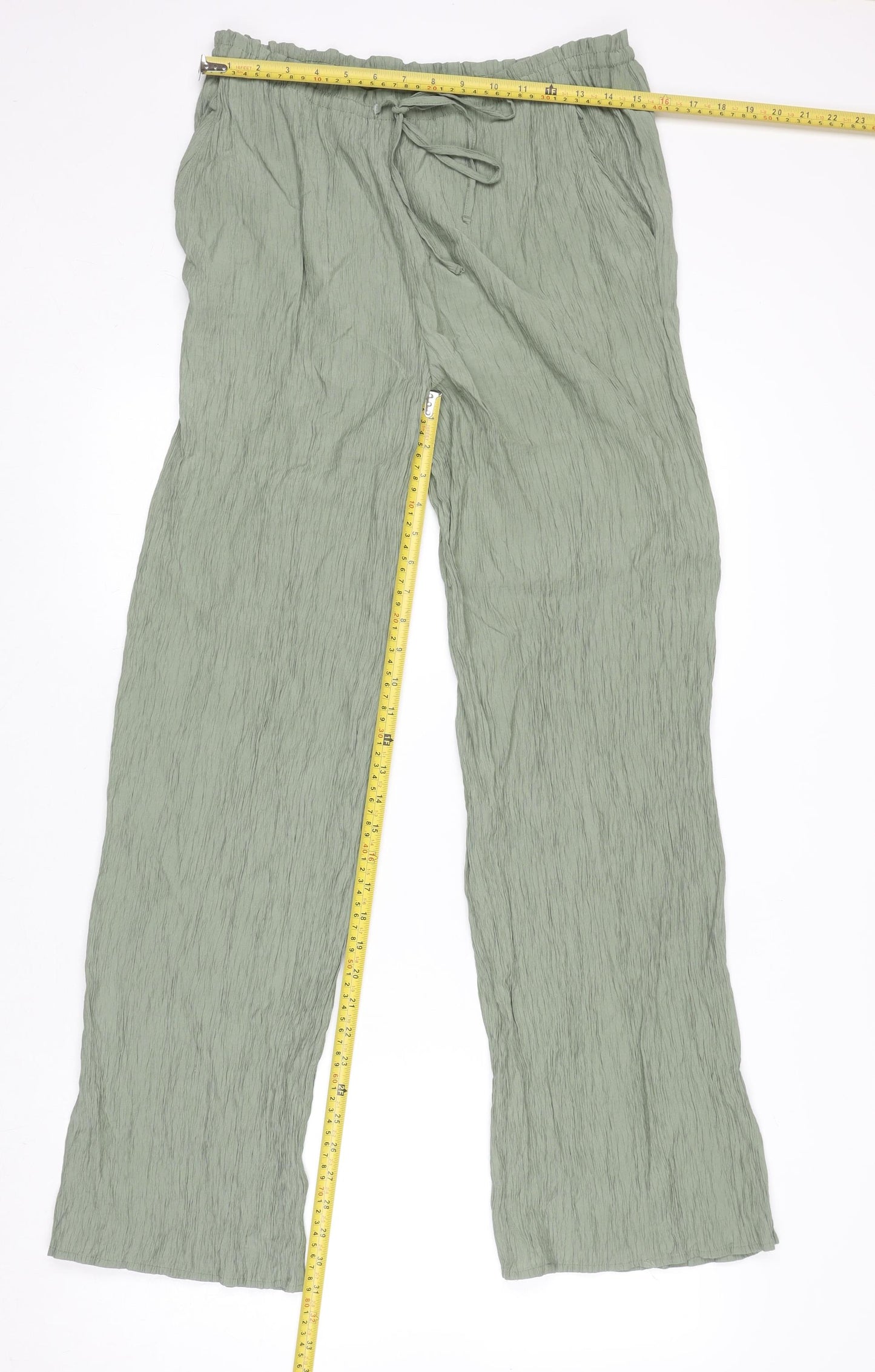 ZARA Womens Green Relaxed Crepe Trousers Size 10 Drawstring Waist