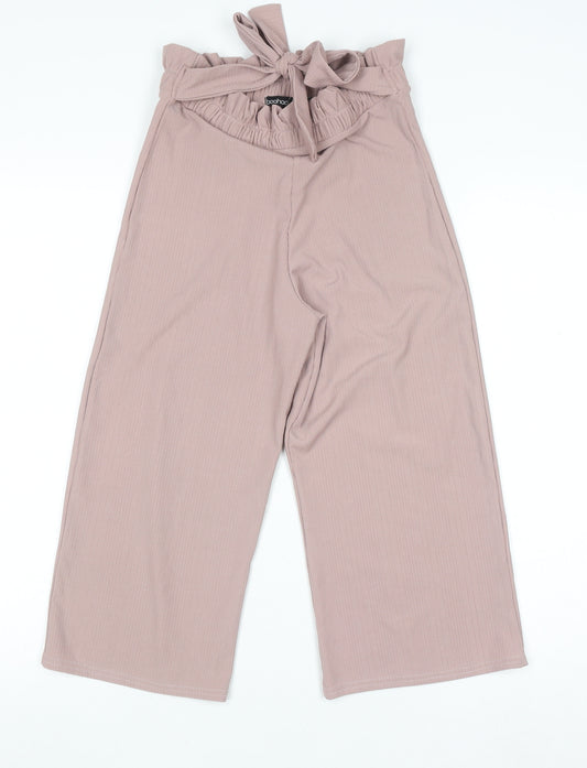 Boohoo Women’s Pink Paperbag Wide-Leg Belted Trousers Size 8