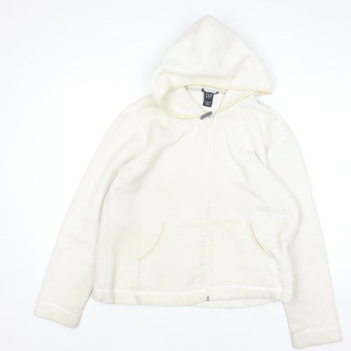 GAP Women Ivory Full Zip Fleece Hoodie Size L Polyester Blend