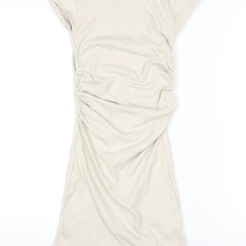 Zara Women Beige Short Sleeve Ruched T-Shirt Dress Size S