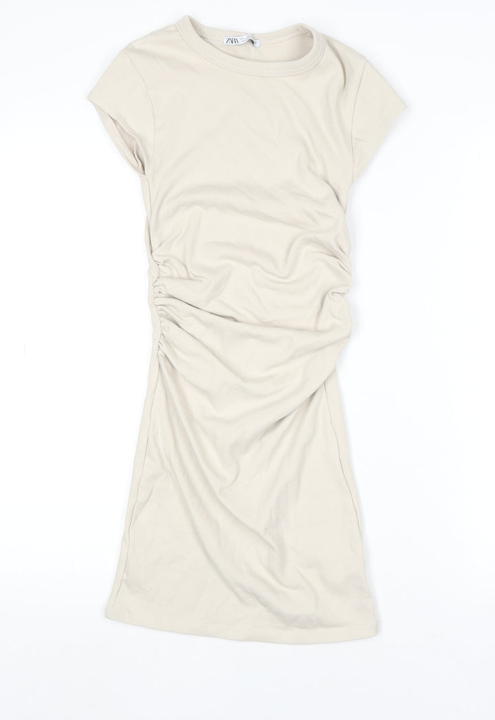 Zara Women Beige Short Sleeve Ruched T-Shirt Dress Size S
