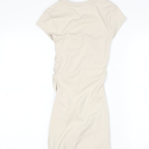 Zara Women Beige Short Sleeve Ruched T-Shirt Dress Size S
