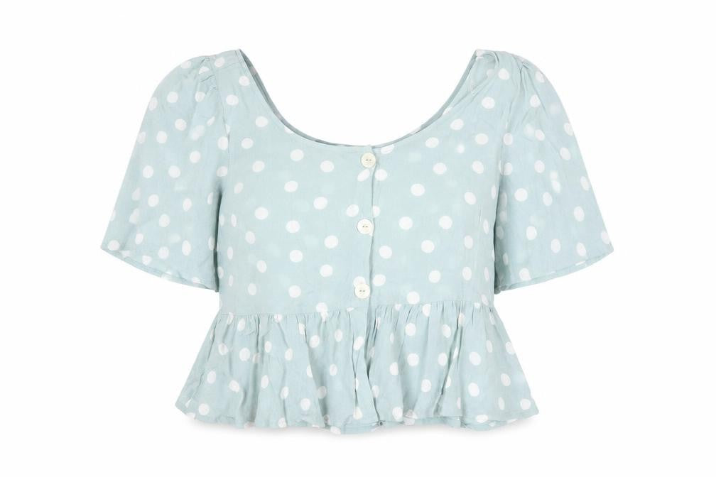 Front view of Primark Women’s Blue Polka Dot Cropped Blouse, size UK 18, Viscose