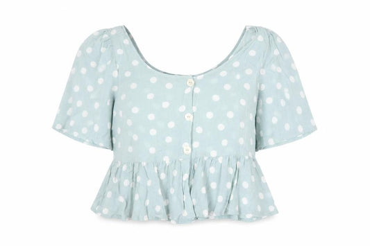 Front view of Primark Women’s Blue Polka Dot Cropped Blouse, size UK 18, Viscose