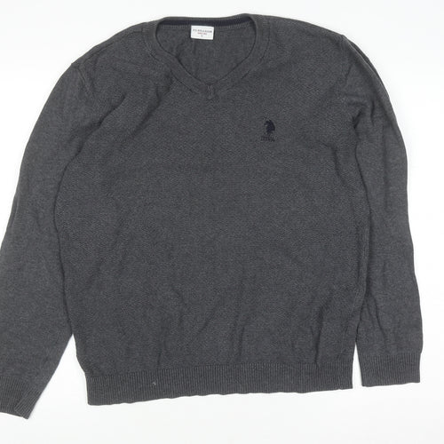 U.S. Polo Assn. Men's Grey V-Neck Cotton Pullover Jumper L