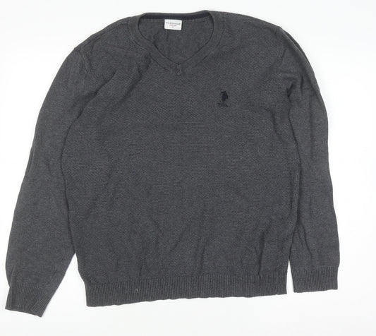 U.S. Polo Assn. Men's Grey V-Neck Cotton Pullover Jumper L