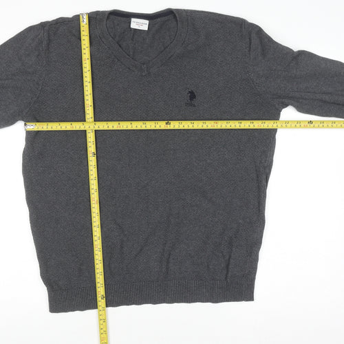 U.S. Polo Assn. Men's Grey V-Neck Cotton Pullover Jumper L