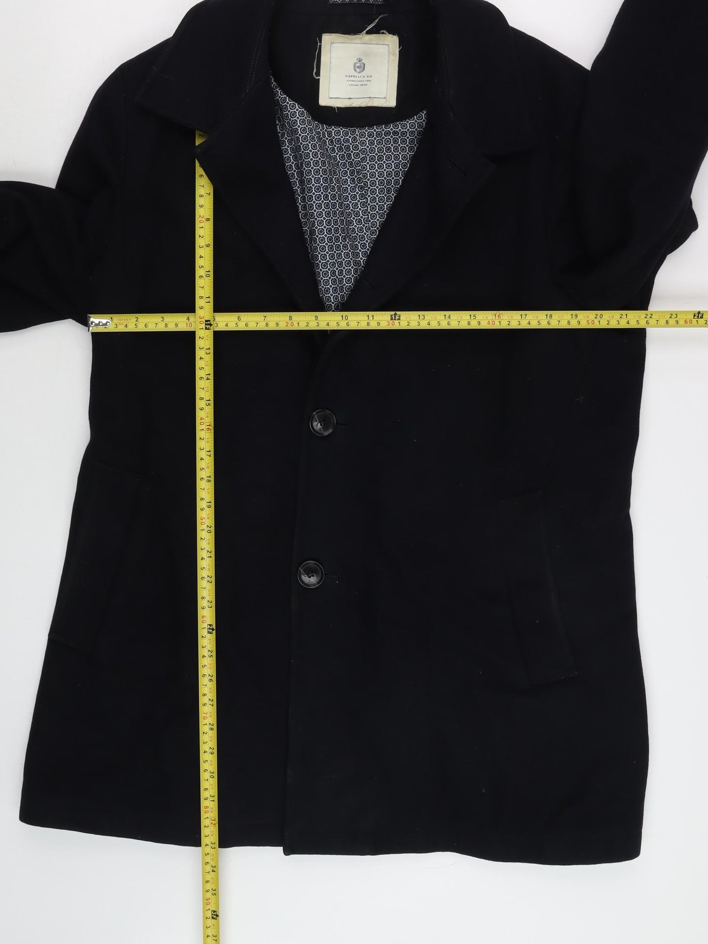 Capelli & Co Men's Black Wool Blend Mid-Length Overcoat Size 44