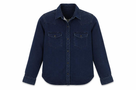 Front view of Gap Men’s Blue Denim Long Sleeve Button-Up Shirt, size S