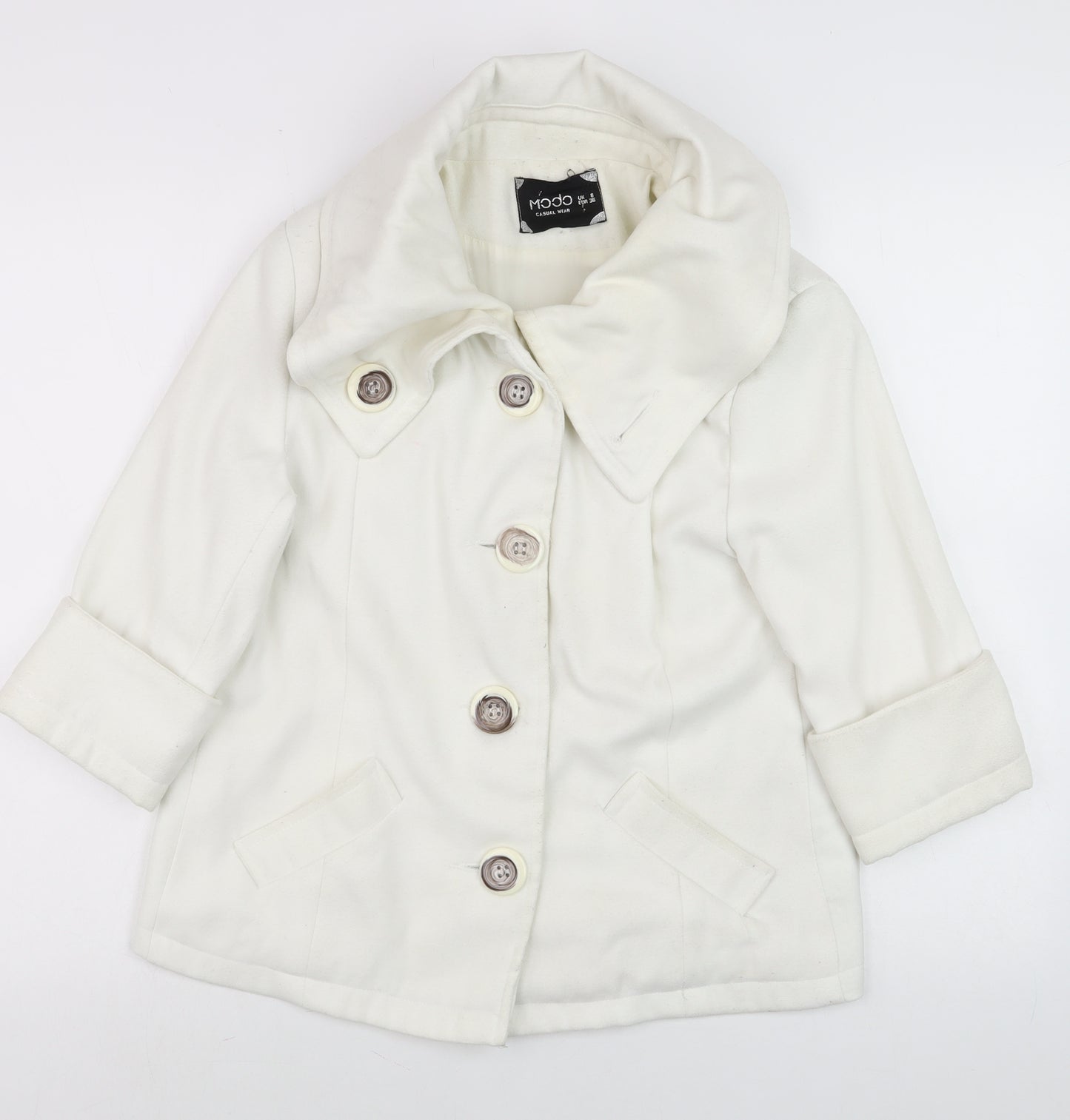 Modo Women Ivory Short Pea Coat Size 6 Classic Button Wool Blend
