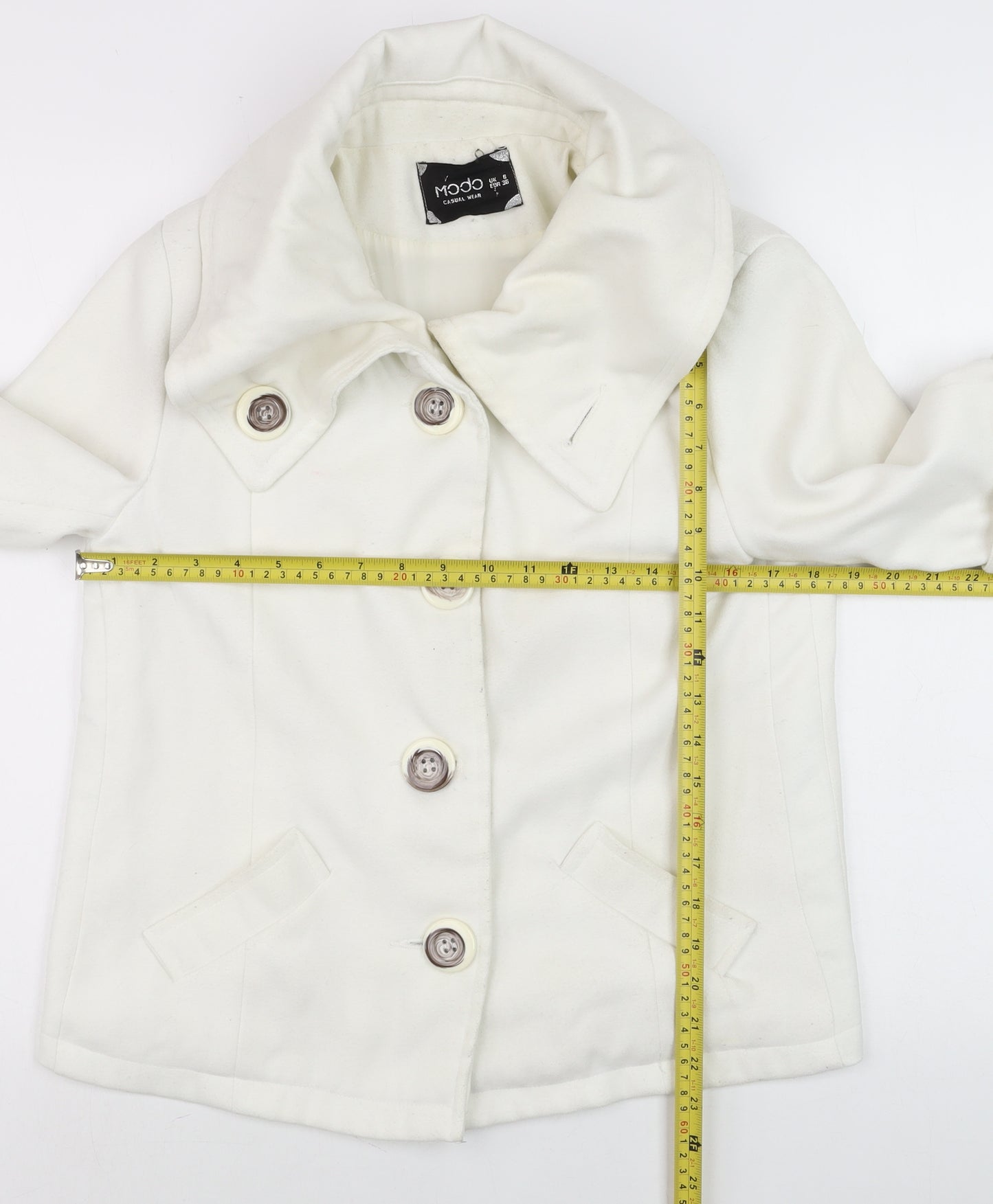 Modo Women Ivory Short Pea Coat Size 6 Classic Button Wool Blend