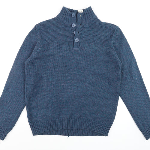 Dunnes Men’s Blue Henley Jumper Medium High Neck Knit Wool Blend