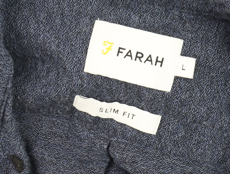 Farah Men's Blue Slim Fit Long Sleeve Button-Up Cotton Shirt Size L