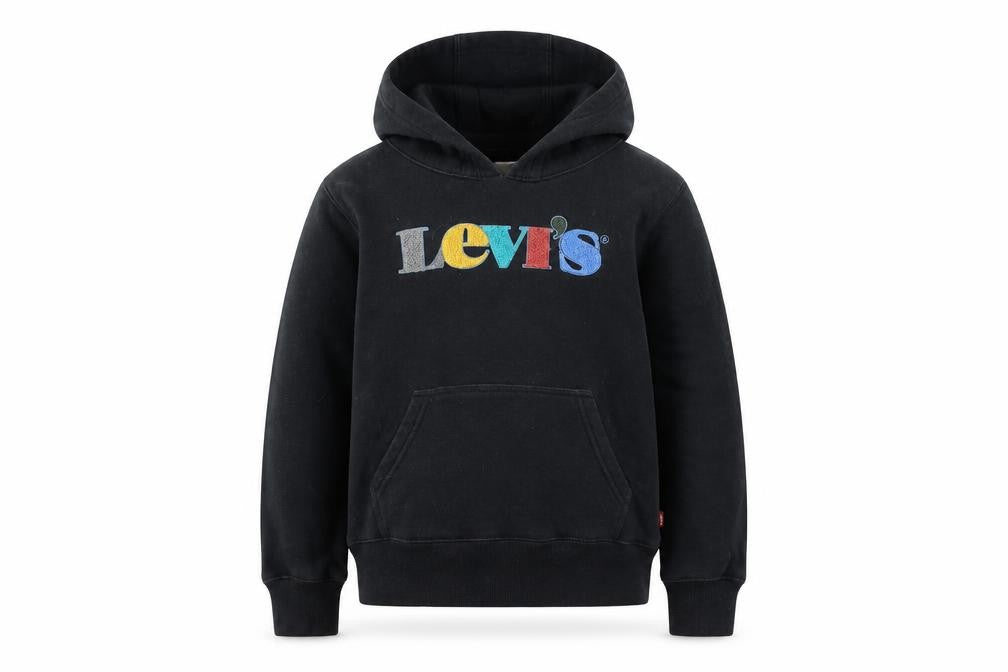Front view of Levi's boys’ black pullover hoodie 10 years cotton fleece logo design