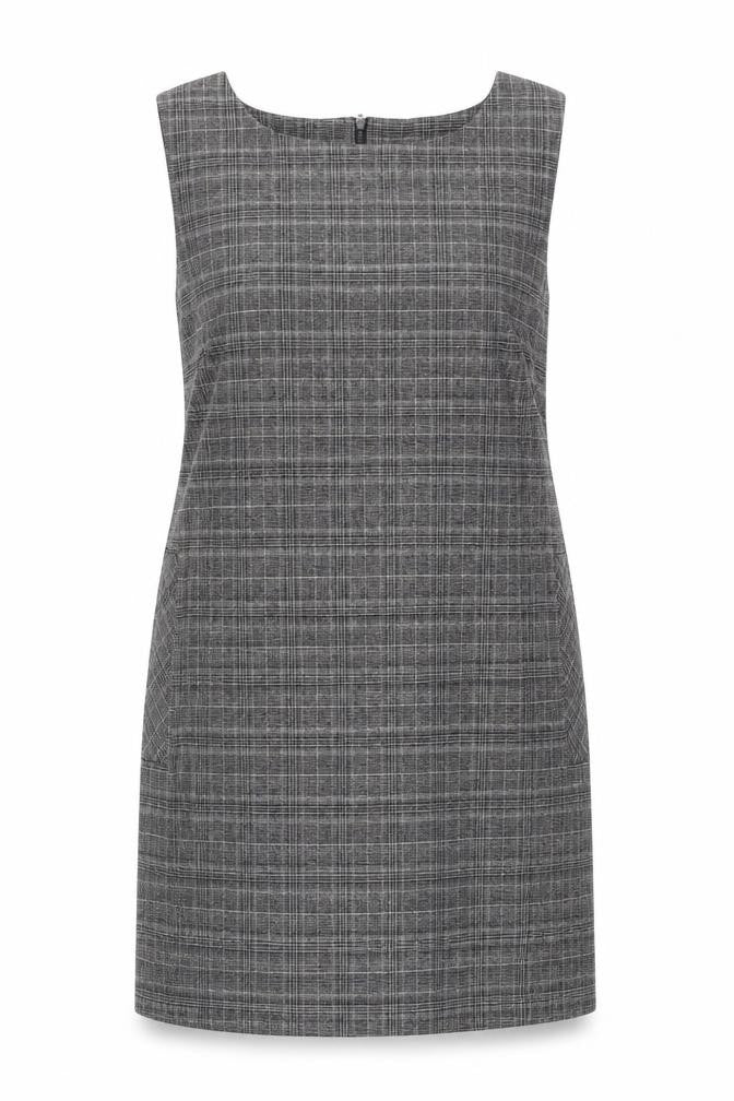 Front view of Zara Women Grey Check Shift Dress, size 14, Workwear Sleeveless