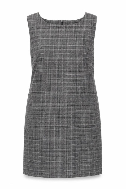 Front view of Zara Women Grey Check Shift Dress, size 14, Workwear Sleeveless