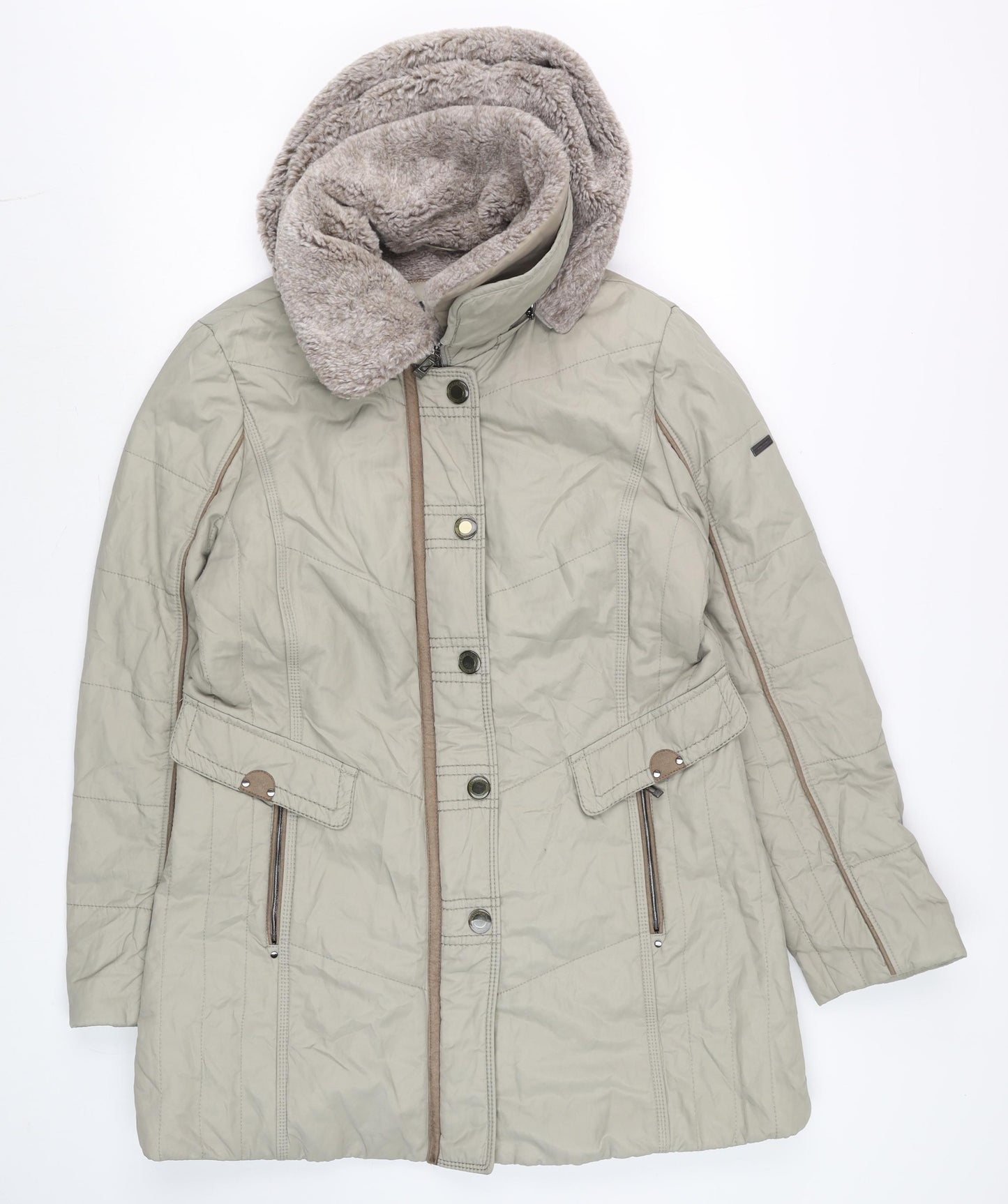 Gerry Weber Women Beige Faux Fur Trim Hooded Mid-Length Parka Coat Size 12
