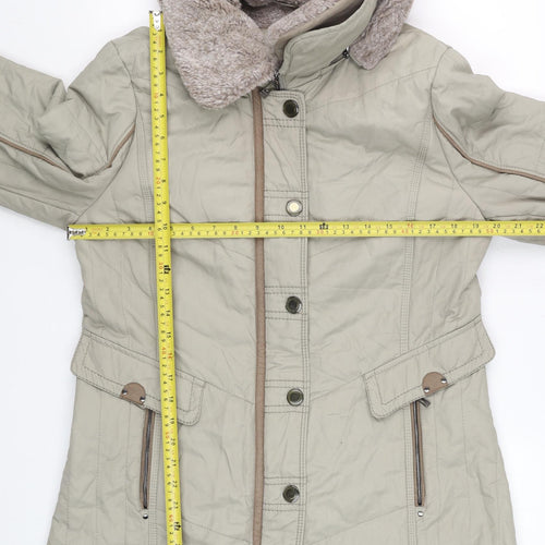Gerry Weber Women Beige Faux Fur Trim Hooded Mid-Length Parka Coat Size 12