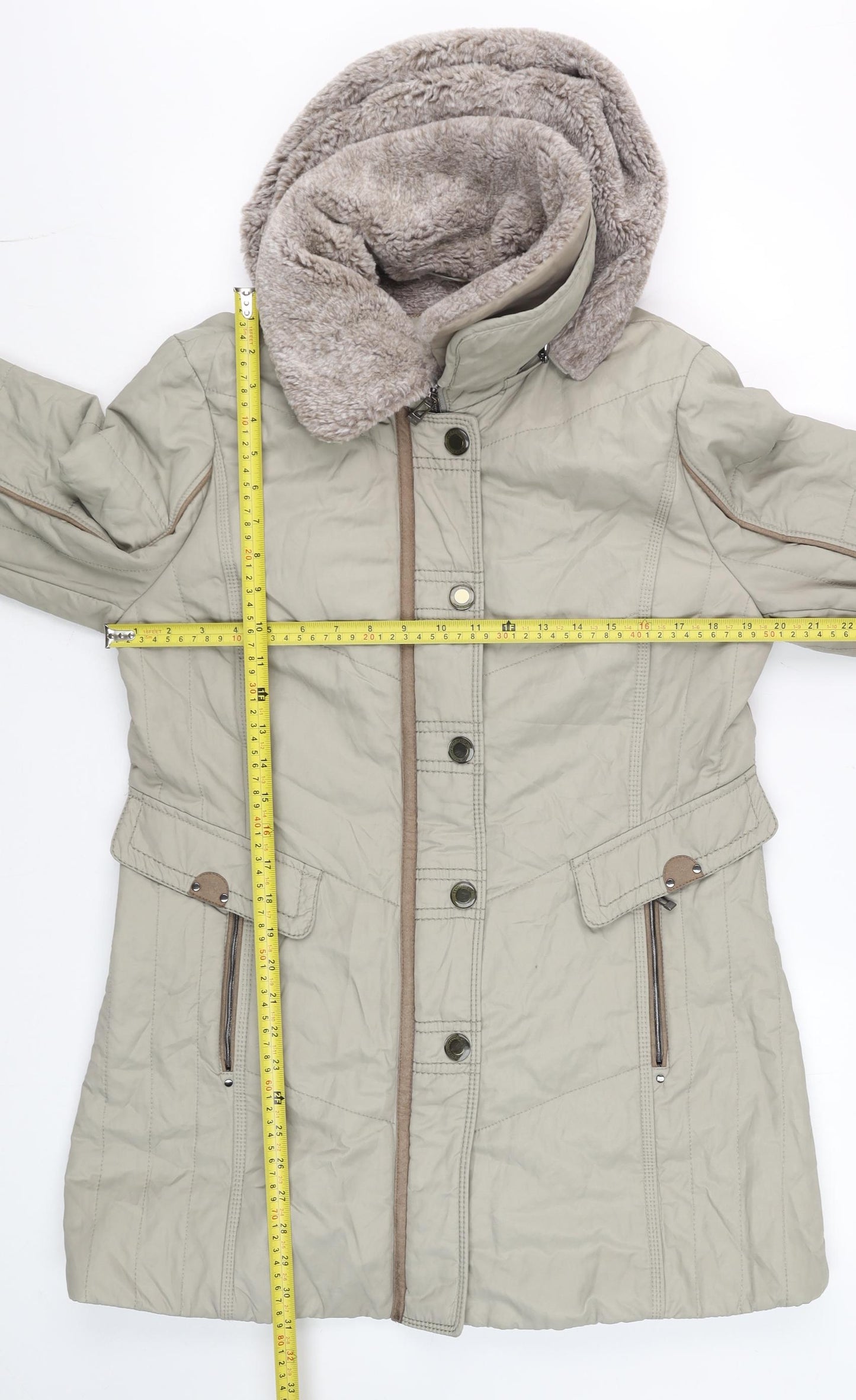 Gerry Weber Women Beige Faux Fur Trim Hooded Mid-Length Parka Coat Size 12
