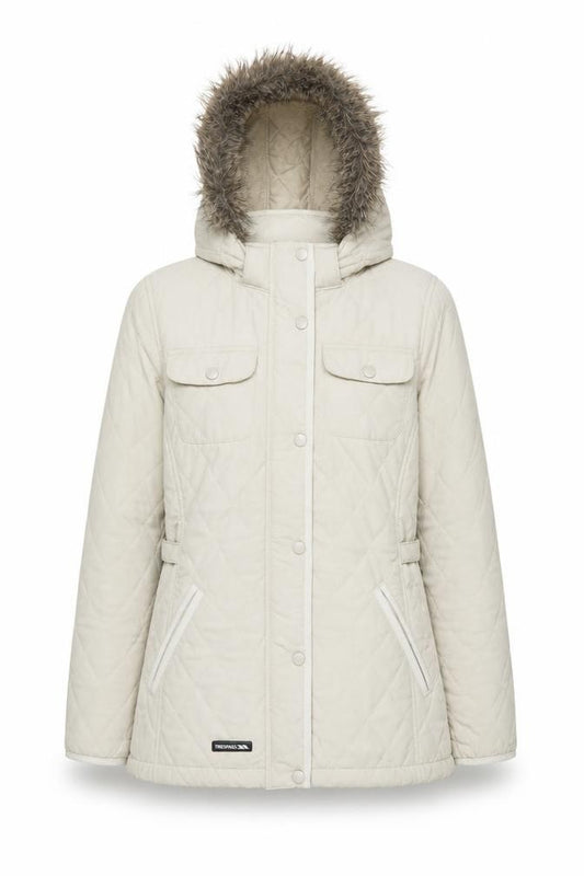 Front view of Trespass Women's Beige Quilted Hooded Puffer Jacket, size S