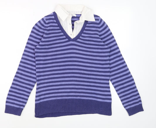 Marks and Spencer Women’s Purple Striped V-Neck Cotton Button-Up Jumper UK 12