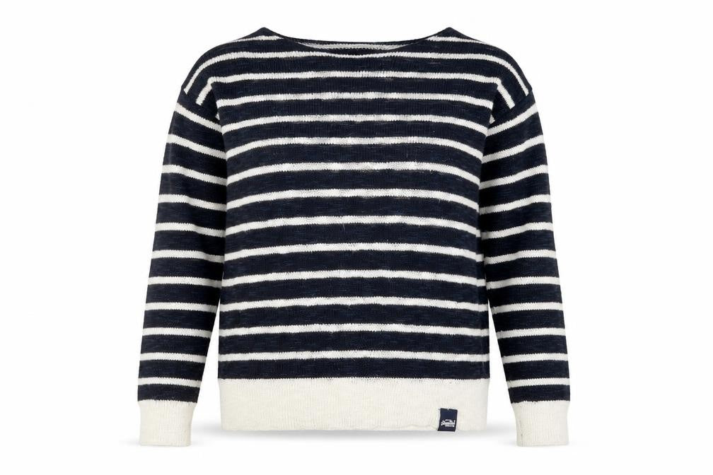 Front view of Superdry women’s blue white striped knit jumper xs