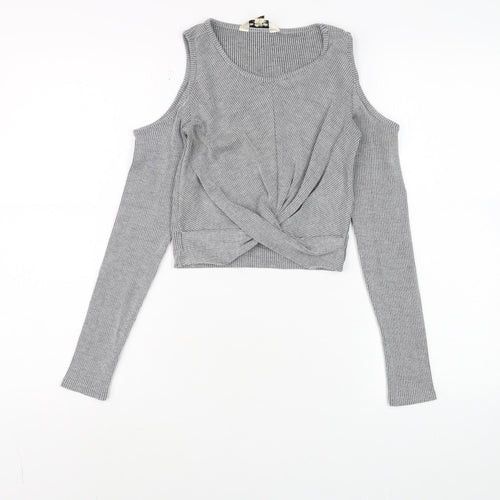 Collectif Women’s Grey Cold Shoulder Twist Front Cropped Top Size 8