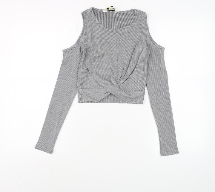Collectif Women’s Grey Cold Shoulder Twist Front Cropped Top Size 8