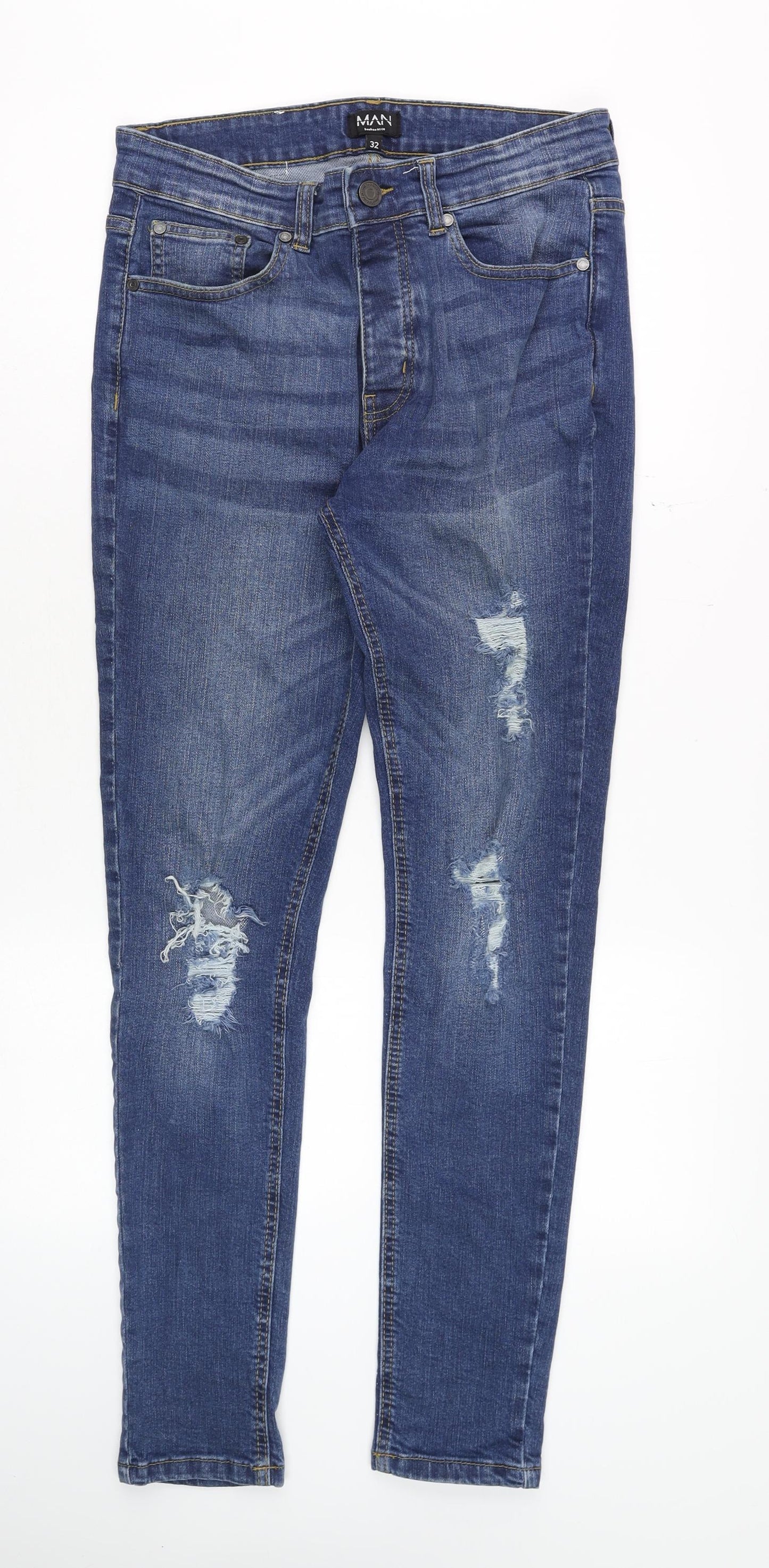 BoohooMAN Men's Blue 32 Slim Fit Distressed Skinny Jeans