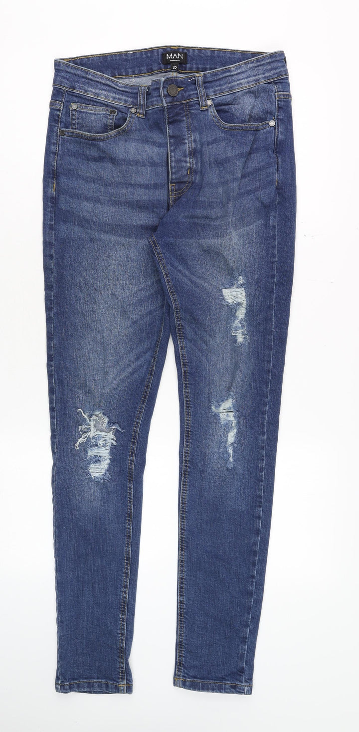 BoohooMAN Men's Blue 32 Slim Fit Distressed Skinny Jeans