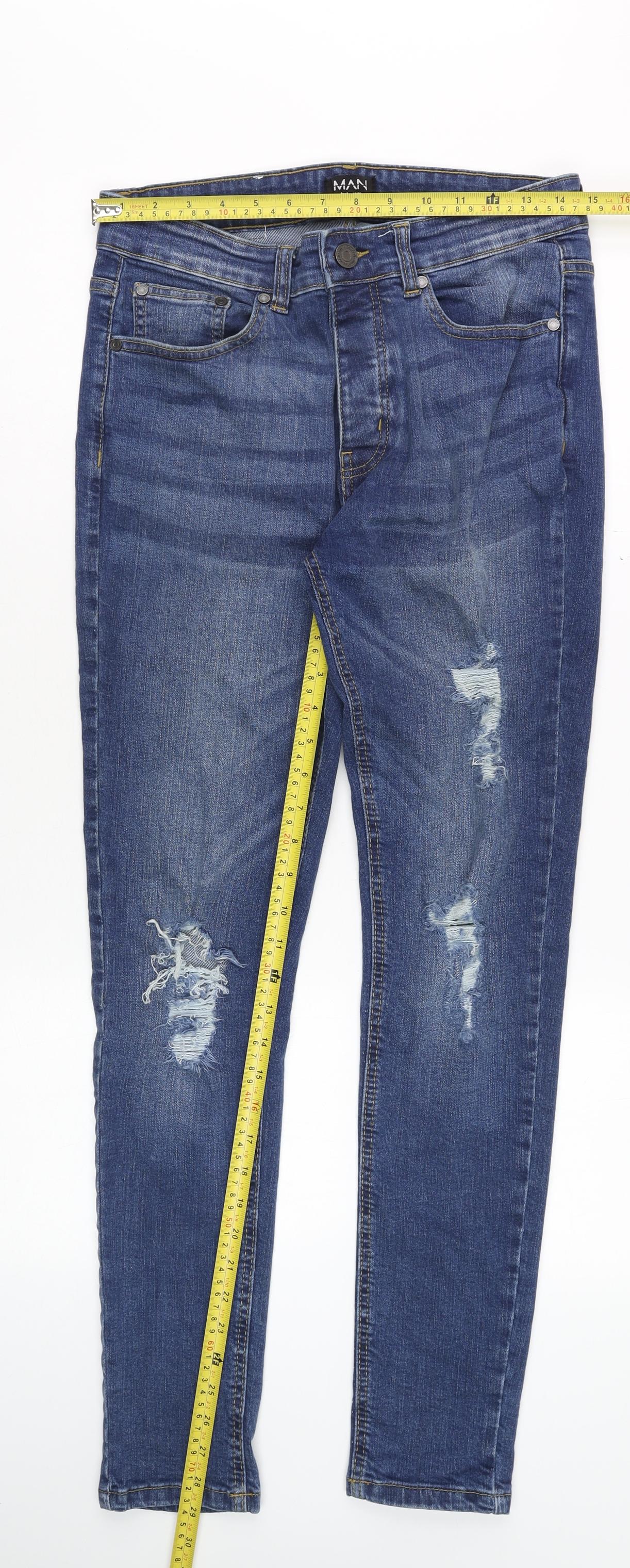 BoohooMAN Men's Blue 32 Slim Fit Distressed Skinny Jeans