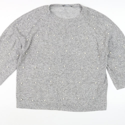 Zara Women Grey Beaded Knit Jumper Size S 3/4 Sleeve Classic Pullover