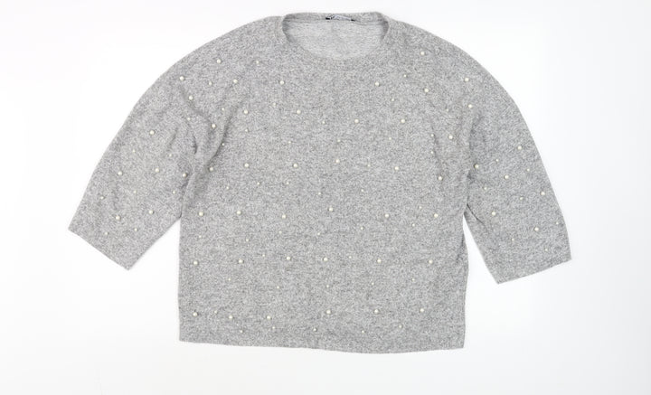 Zara Women Grey Beaded Knit Jumper Size S 3/4 Sleeve Classic Pullover