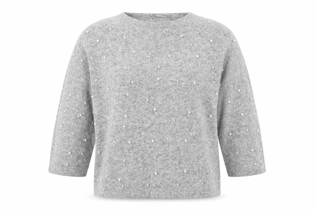 Front view of Zara Women Grey Beaded Knit Jumper, size S, 3/4 Sleeve Classic Pullover