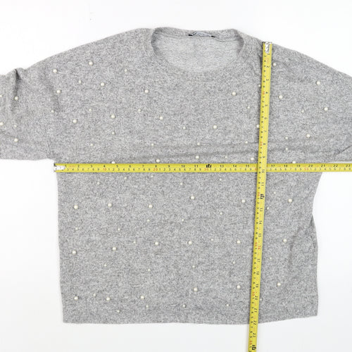 Zara Women Grey Beaded Knit Jumper Size S 3/4 Sleeve Classic Pullover