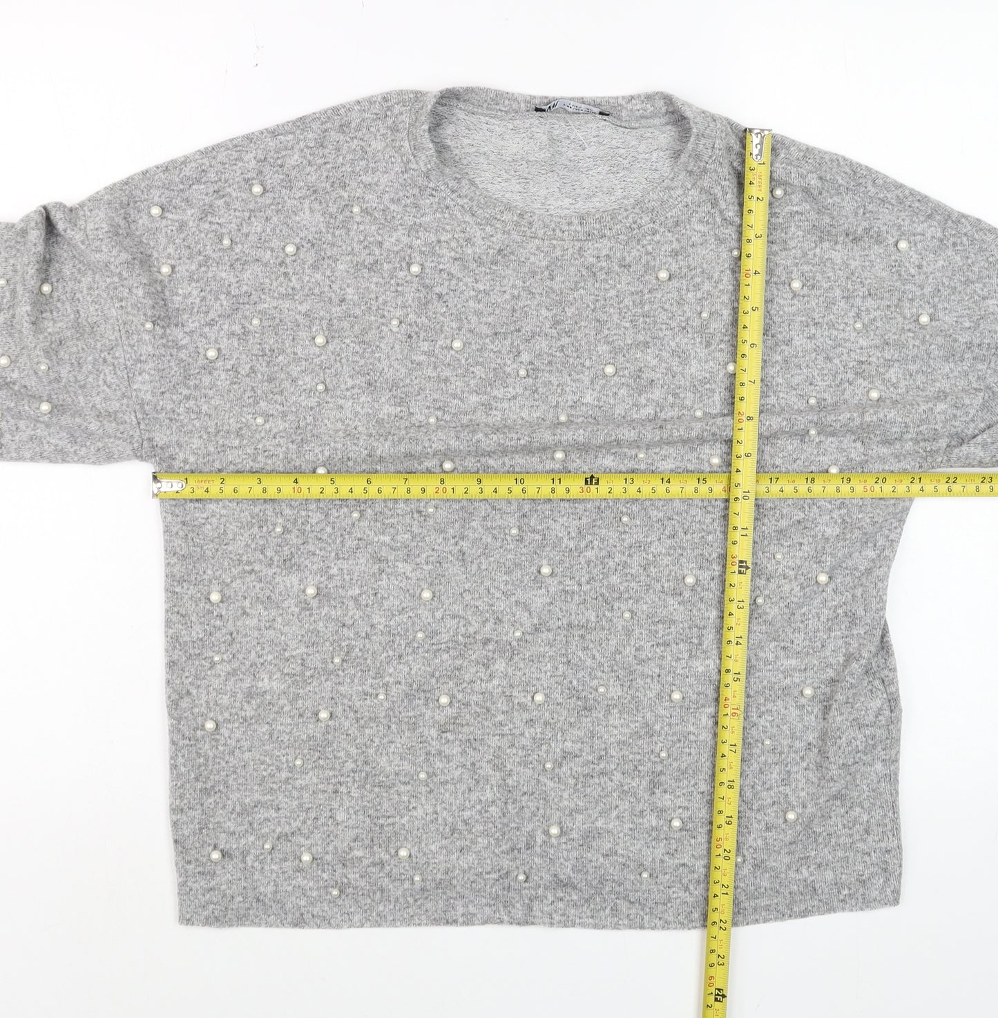 Zara Women Grey Beaded Knit Jumper Size S 3/4 Sleeve Classic Pullover