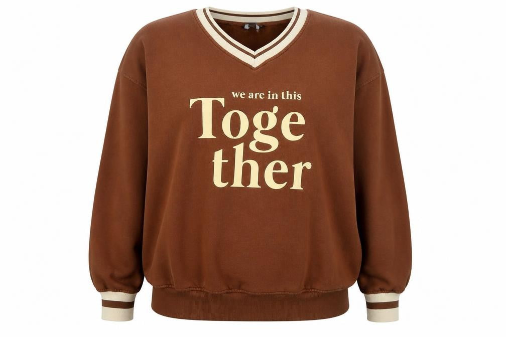 Front view of Primark women’s brown v-neck pullover sweatshirt xl together print