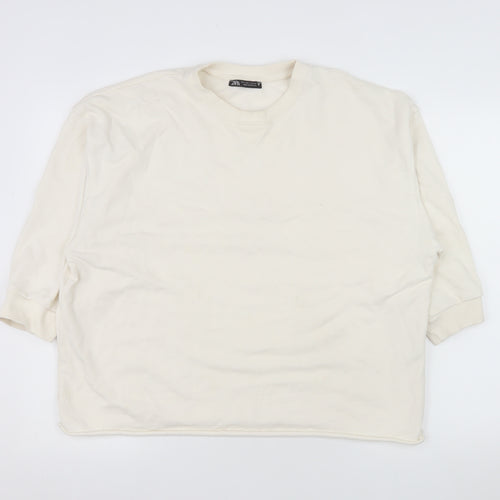 ZARA Women Ivory Cotton Crew Neck Pullover Sweatshirt Size S